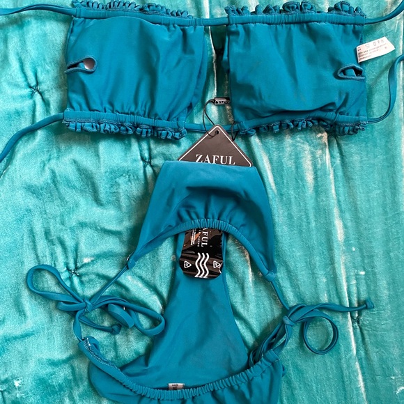NWT ZAFUL Size S Adjustable Teal Bandeau Bikini with Brazilian Bottom - Picture 5 of 6
